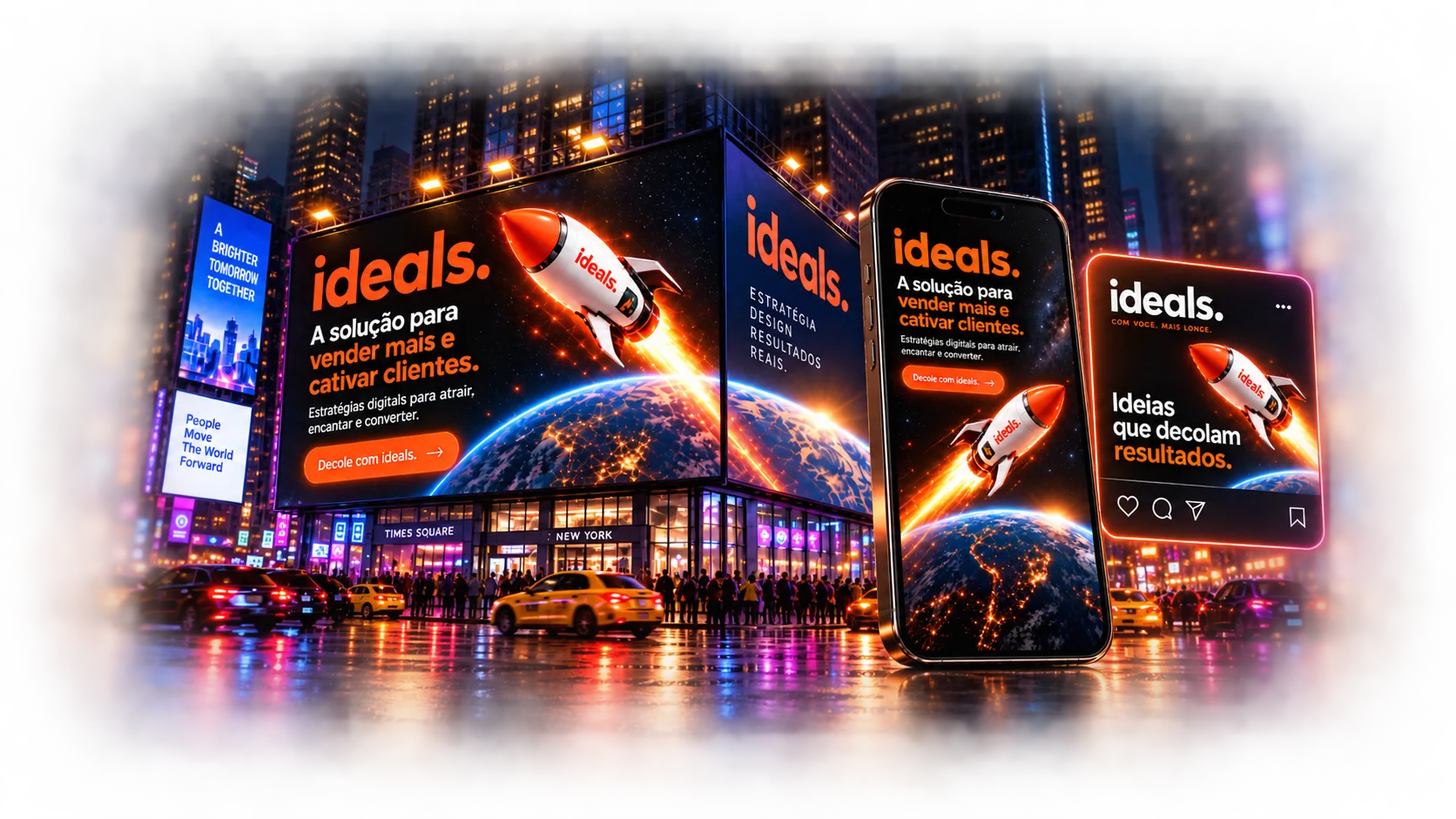 A mesma campanha da Ideals em três formatos: um painel em Times Square, a tela de um celular e um post de rede social.