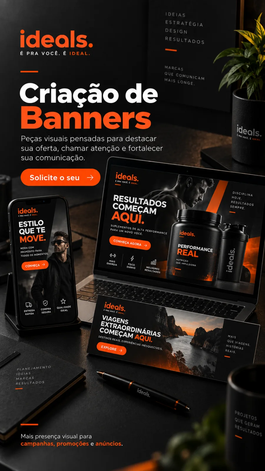 Peça da Ideals sobre criação de banners, com o banner aplicado em tela de computador e de celular.