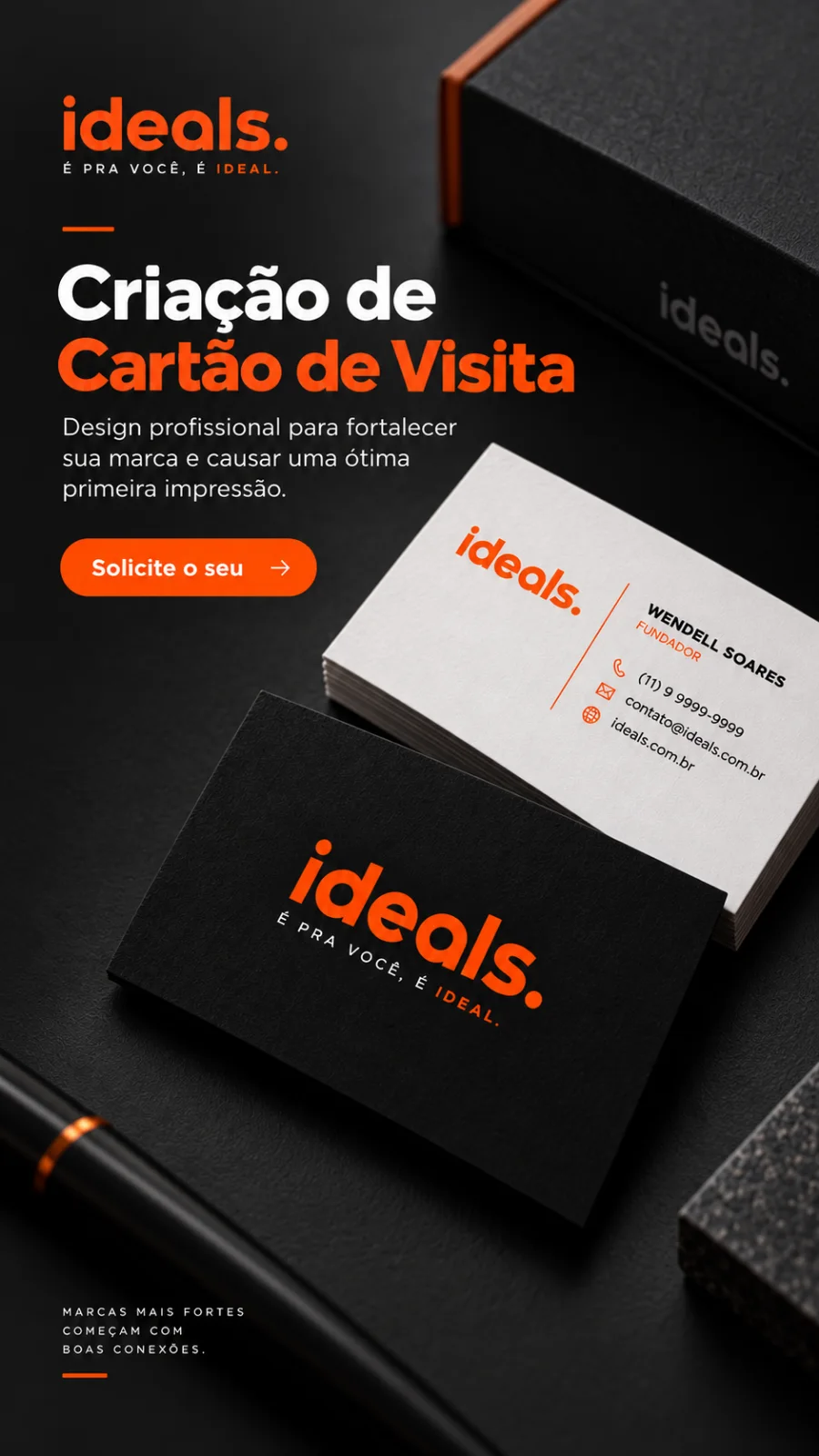 Peça da Ideals sobre cartão de visita, com o cartão impresso frente e verso.